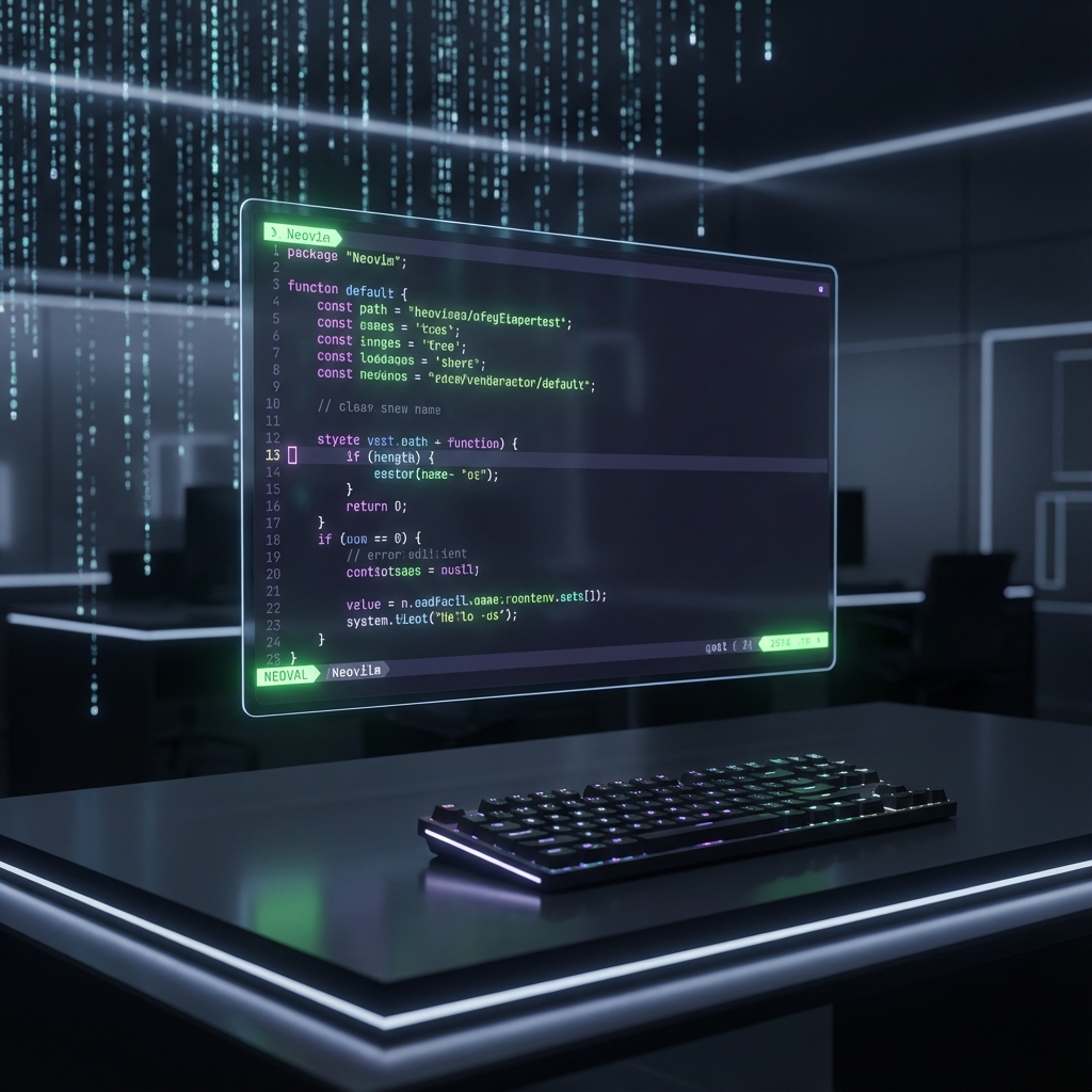 A futuristic holographic Neovim interface in a cyberpunk dark room